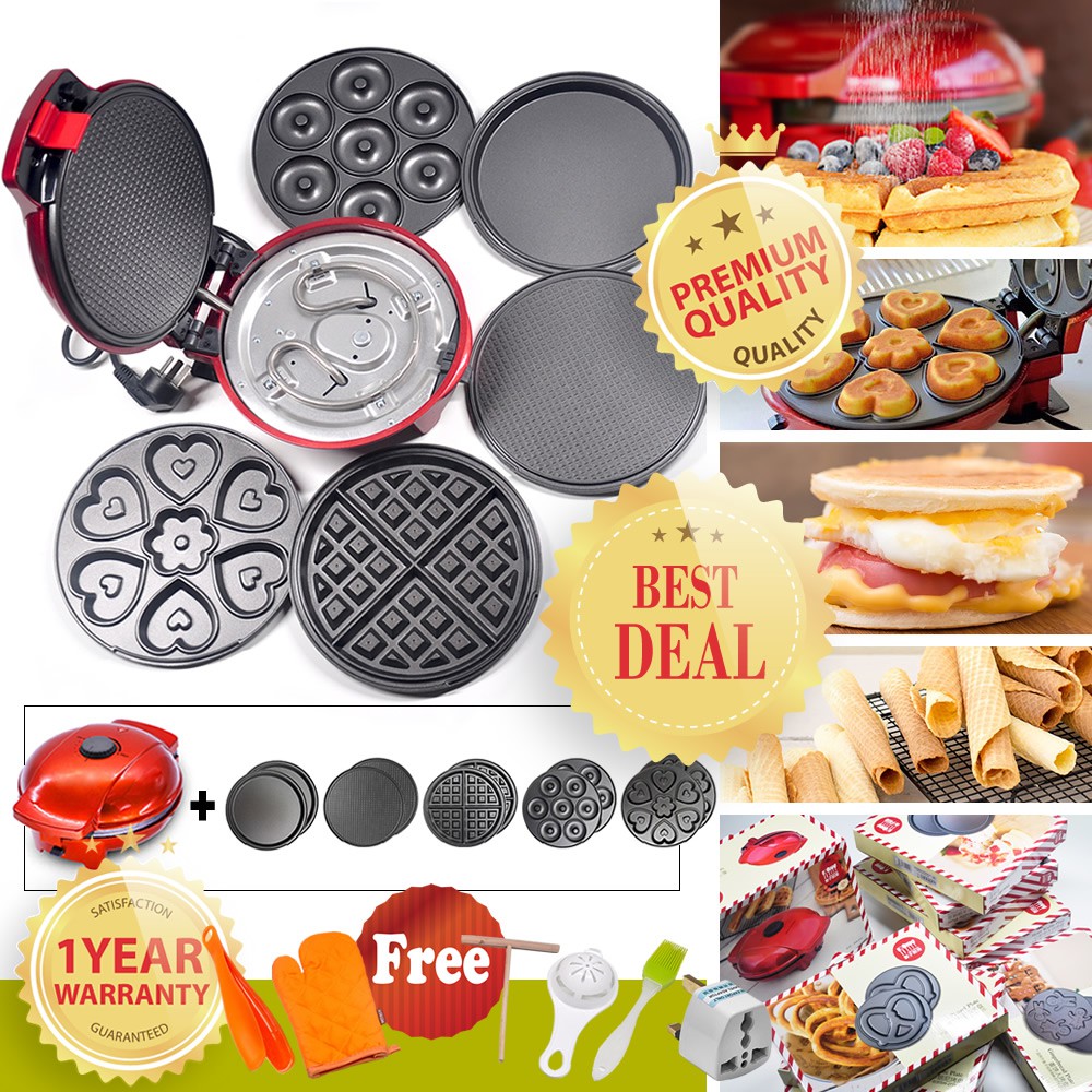 [FREE GIFTS, 1 YEAR WARRANTY] 5 in 1 Mai's Kitchen MZ0006 Waffle / Egg-roll / Donut / Panini / Heart-shape Cake Maker