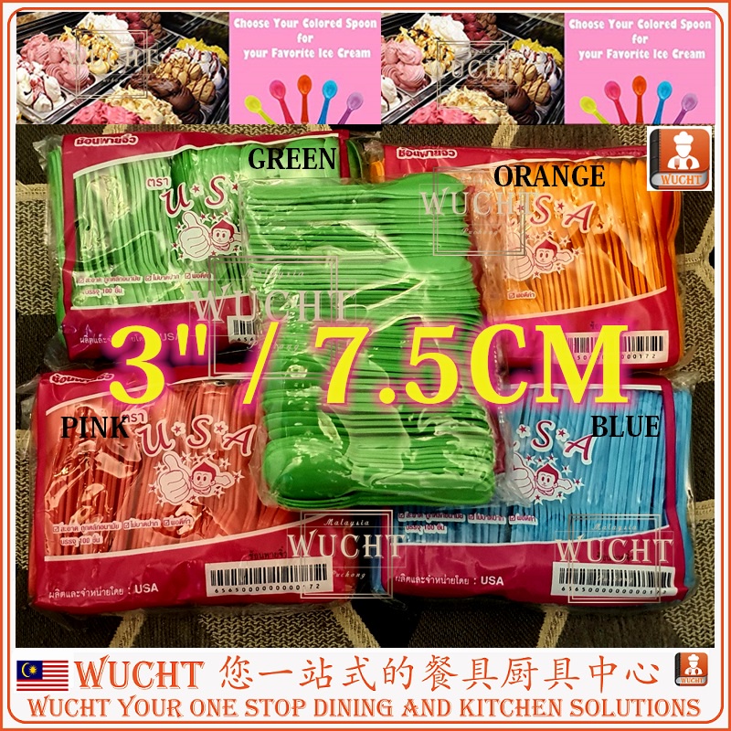 【WUCHT】100 x 3" Thailand Sudu Aiskrim Color Plastic Colorful Dessert Ice cream Sudu Kecil Plastic Jelly Tapau Spoon pink