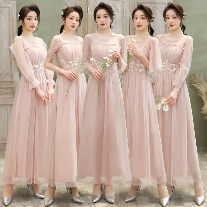 Spot goods  Flesh pink bridesmaid dress 2021 new long wedding evening dress fairy temperament sisters skirt grad