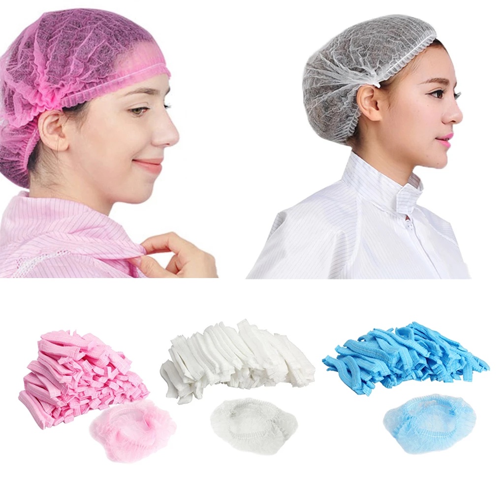 Juccimall 100 Pcs Penutup Kepala Sekali Pakai Dua Rusuk Rambut Kepala Hair Head Cover Cap Non Woven Cap 无纺布头套 一次性帽子