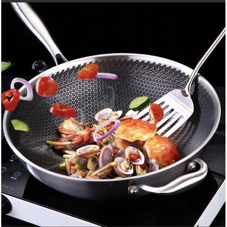 34cm Kuali Germany Tecnichal Food Grade 304 Stainless Steel Honeycomb Penetrating Non-stick Frypan Uncoated Cooking Wok