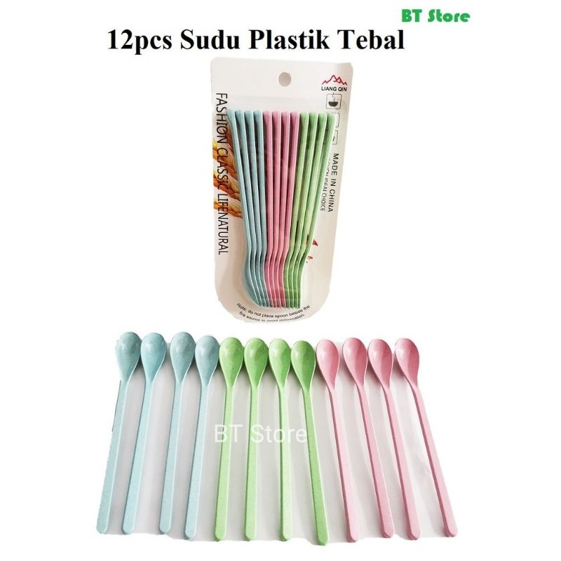 Ready Stock 12pcs Sudu Plastik Tebal Long Plastic Spoon Sudu Plastik Panjang Fruit Juice Plastik Spoon Sudu Murah
