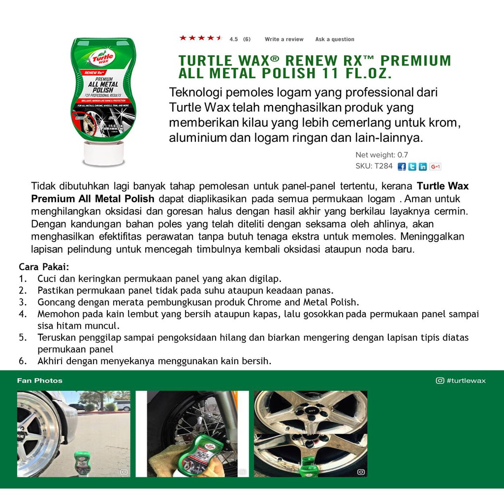 Turtle Wax Premium All Metal Polish T284 New PGMall