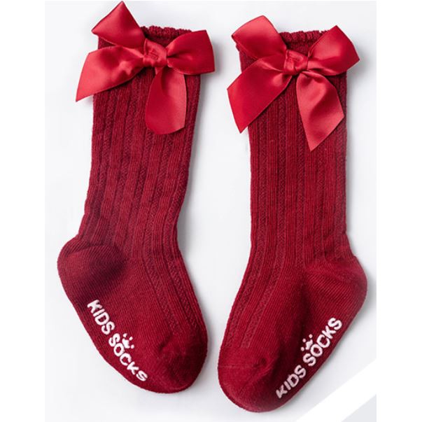 shopee: Baby Girls Socks High Knee Bows Cute Baby Kids Toddler Socks Long Tube Sock (0:2:Color:Wine Red;1:0:Size:S (0-12M))