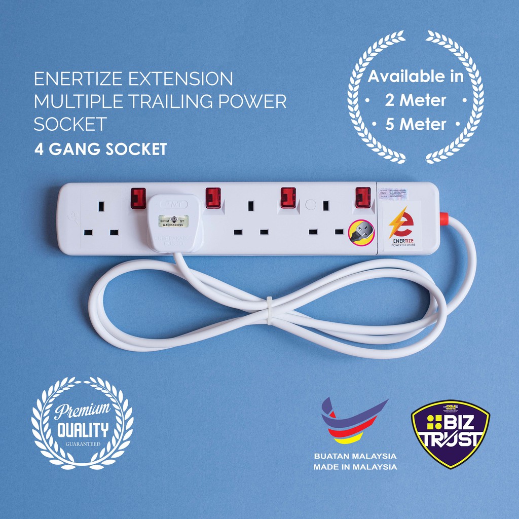 Enertize Extension Multiple Trailing Power Socket 4 Gang Socket with 2