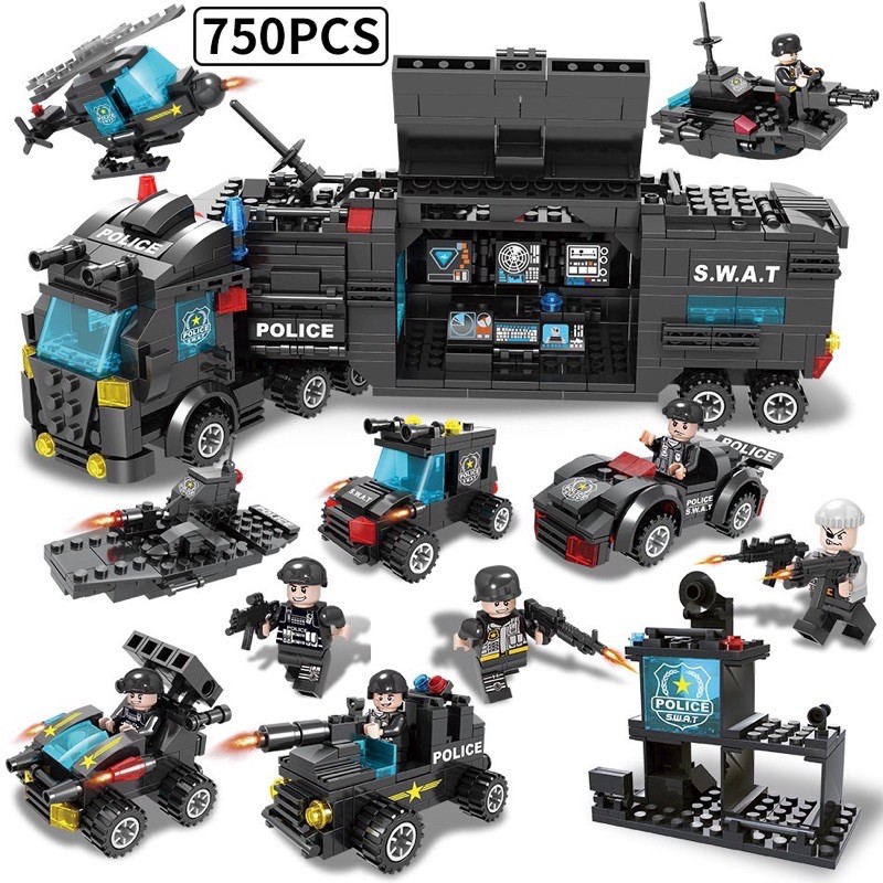 750pcs Building Block Toy 8 in 3 City Police Series SWAT Assembling Weapons Aircraft Car Robot Toy