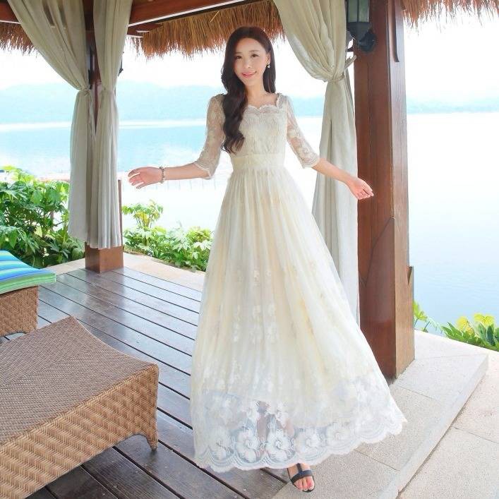 women white long dress floral lace ...