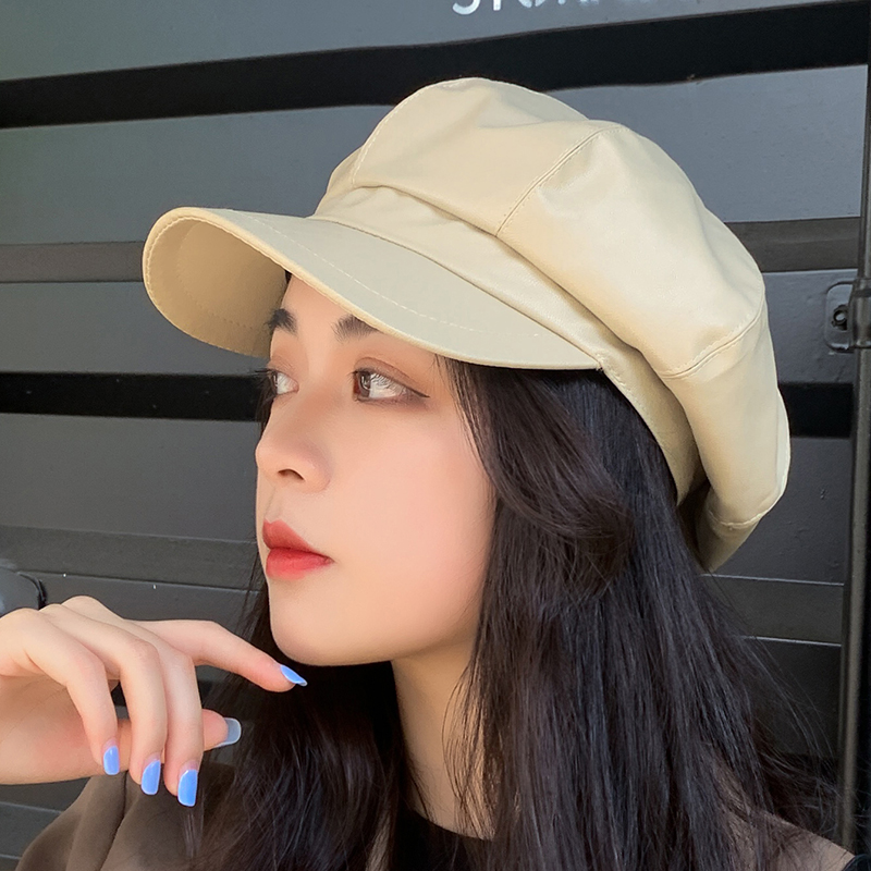 Fashion Hip Hop PU Leather Autumn Winter Octagonal Hat/ Ins Solid Color Wide Brim Beret/ Vintage Casual Newsboy Caps/ Women Korean Beanie