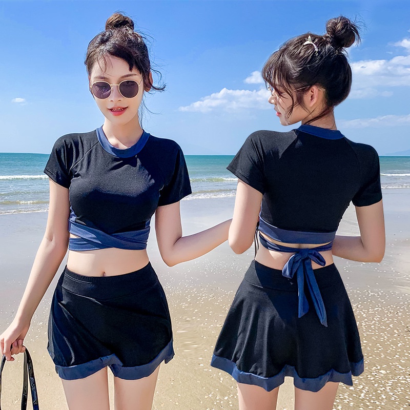 Ready Stock Swimming Suit Women Bikini Set Swimsuit Lady 2PCS Split Sexy Murah Short Sleeves Swimwear Korean Beach Wear Women泳衣女保守ins風泳裝女两件套分体泳衣性感显瘦新款现货拼色学生短袖平角裤韩国运动风小胸聚拢温泉海边度假游泳装