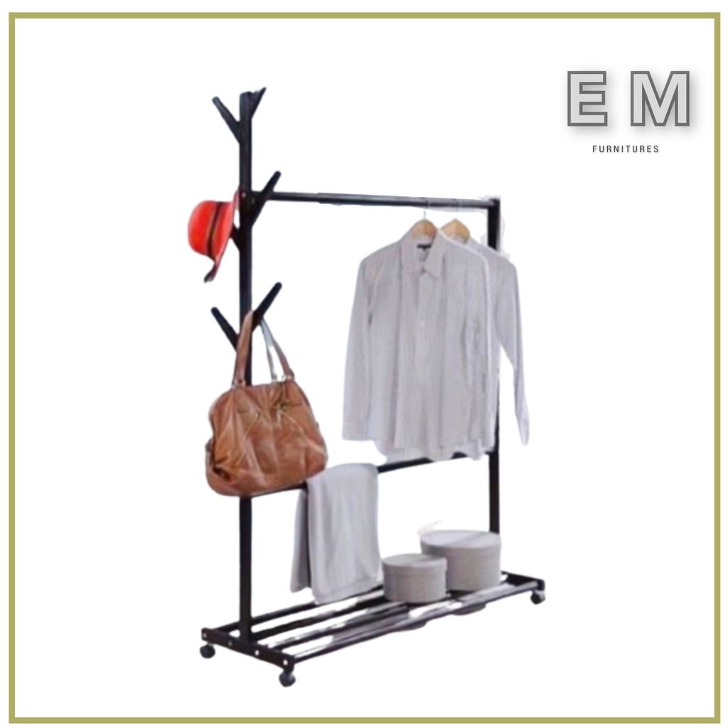 EM 3080 Hotel Style Hanger Baju Wooden Rack Towel Clothes Rack Stand Black Penyidai Baju Hanger