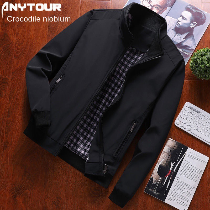 Spring And Autumn Jacket Men S Stand-Up Collar Casual Middle-Aged Elderly Loose Sports Dad Clothes All-Match New/*#Jaket Musim Bunga dan Musim Gugur Lelaki S Kolar Berdiri Kasual Warga Tua Pertengahan