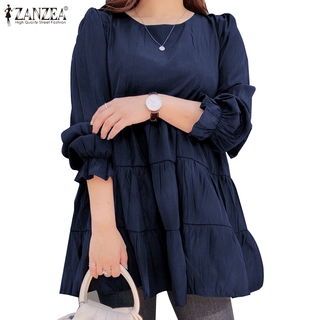 Image of ZANZEA Women O-Neck Loose Spliced Long Sleeve Pleated Frill Solid Blouse