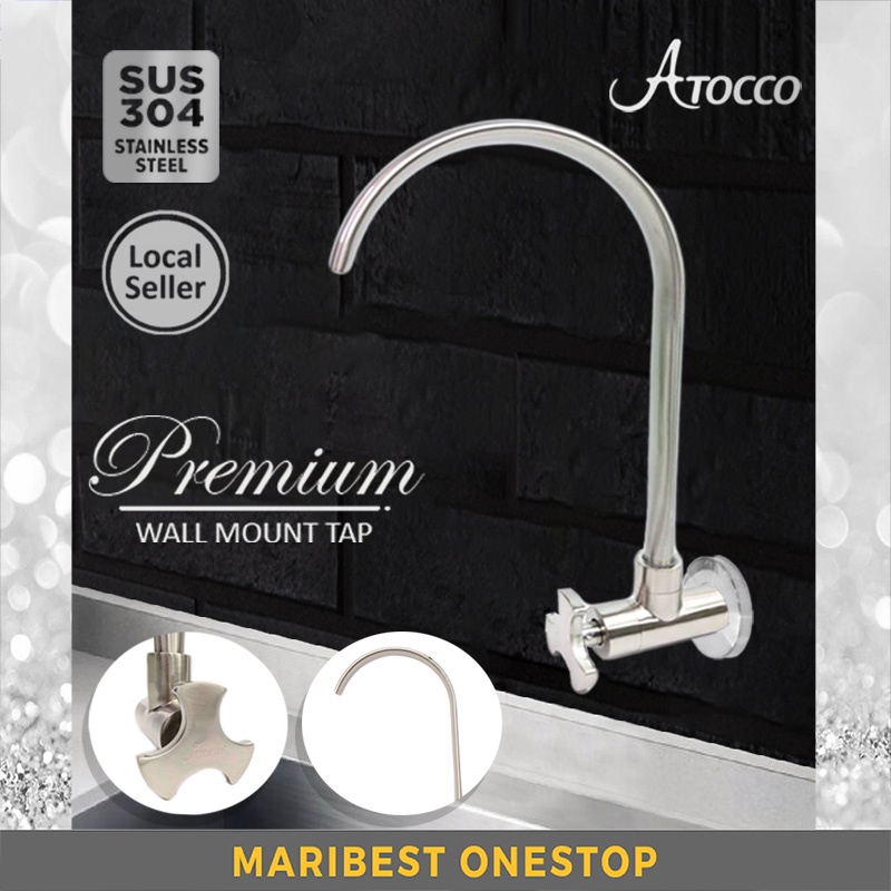 ATOCCO Kitchen Sink Faucet Stainless Steel SUS 304 Flexible Rotating Shower Wall Pillar Water Tap Silver Paip Air 龙头