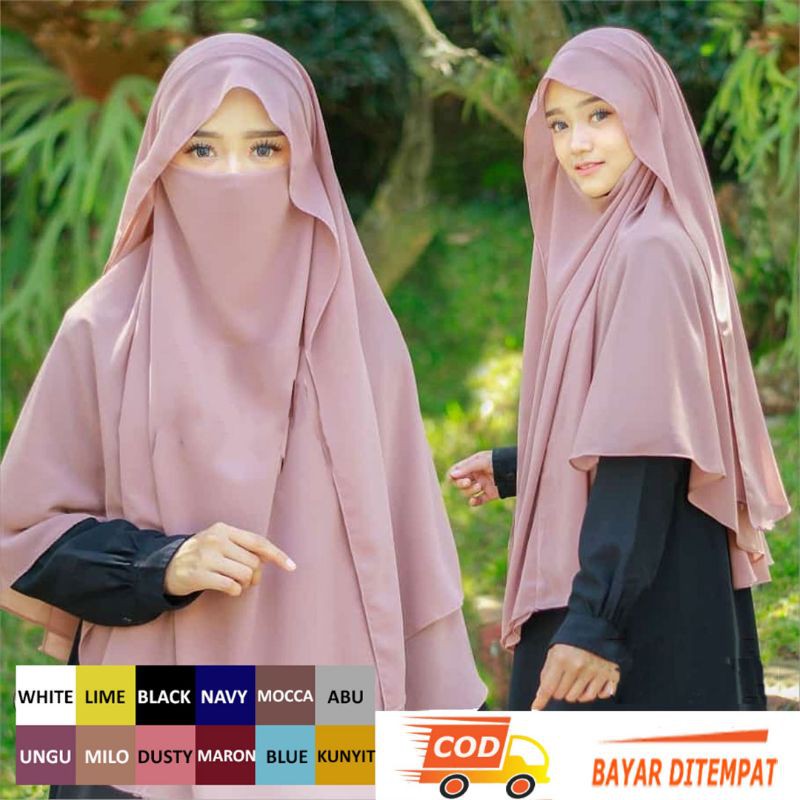 Instant Khimar Syari Jumbo Ceruty 2 Layer Hijab – Non-Pet Hijab, with Detachable Veil & Strap