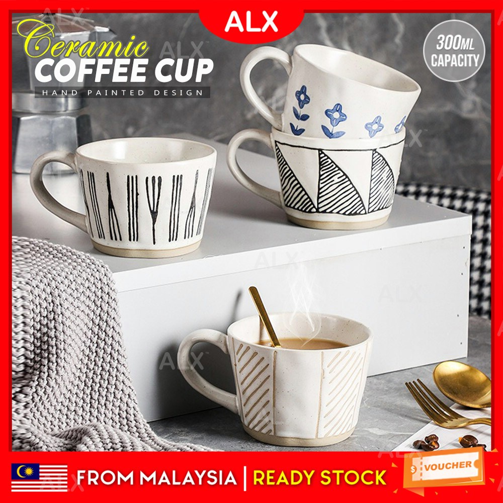 ALX 300mL Retro Tableware Nordic Ceramic Cup Flower Geometry Hand-painted Cup Ceramic Coffee Mug Cawan Seramik 陶瓷杯 水杯