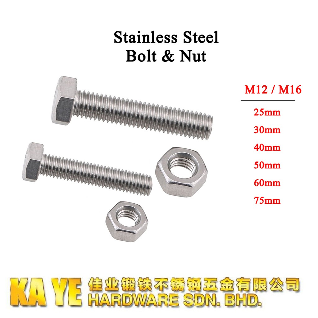 5pcs M12 M16 Stainless Steel Six Angle Bolt Screw Nut Set E395s S Malaysia
