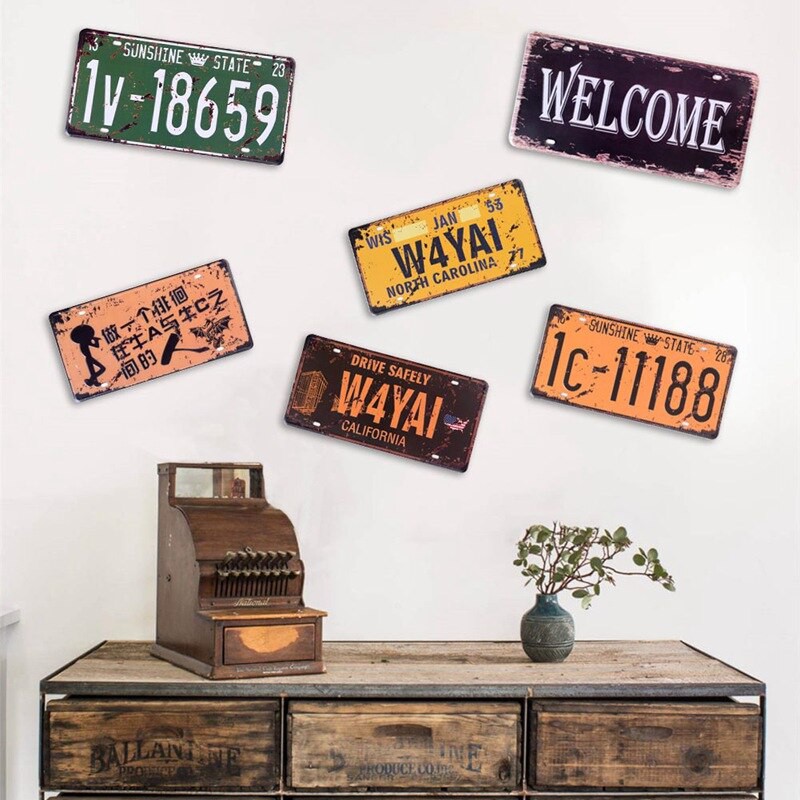 Vintage Old License Plate Iron Painting Pendant Craft Art