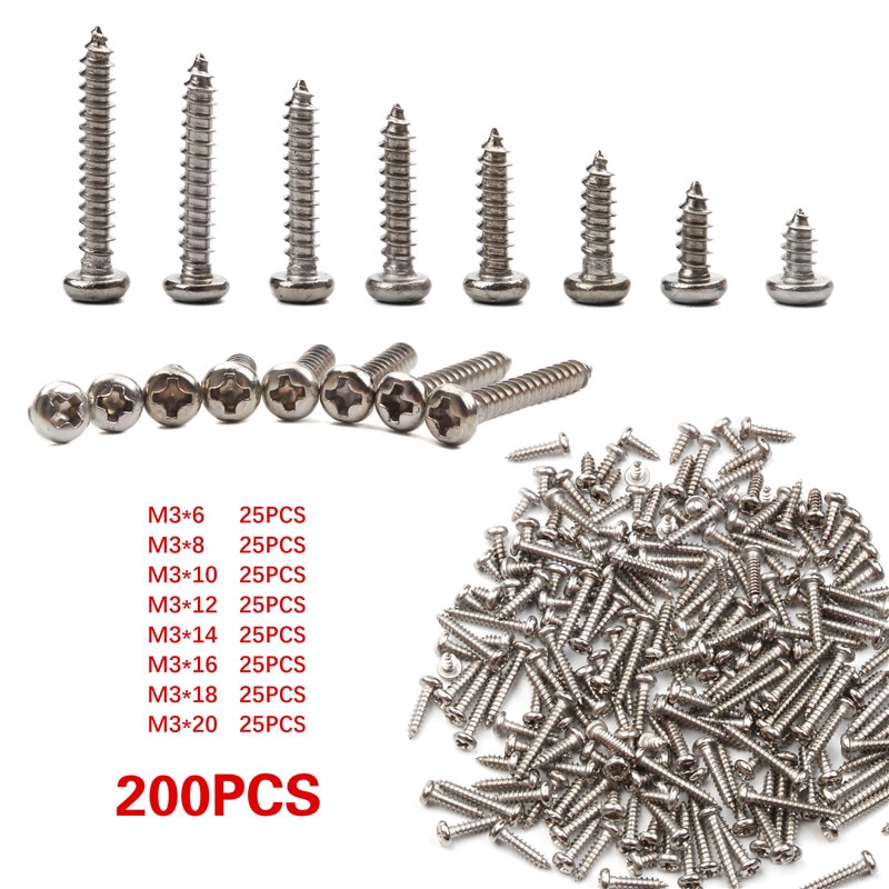 200Pcs 304 Stainless Steel M3 Phillips Truss Head Self Tapping Sheet Metal Screws Assortment Kit Set 