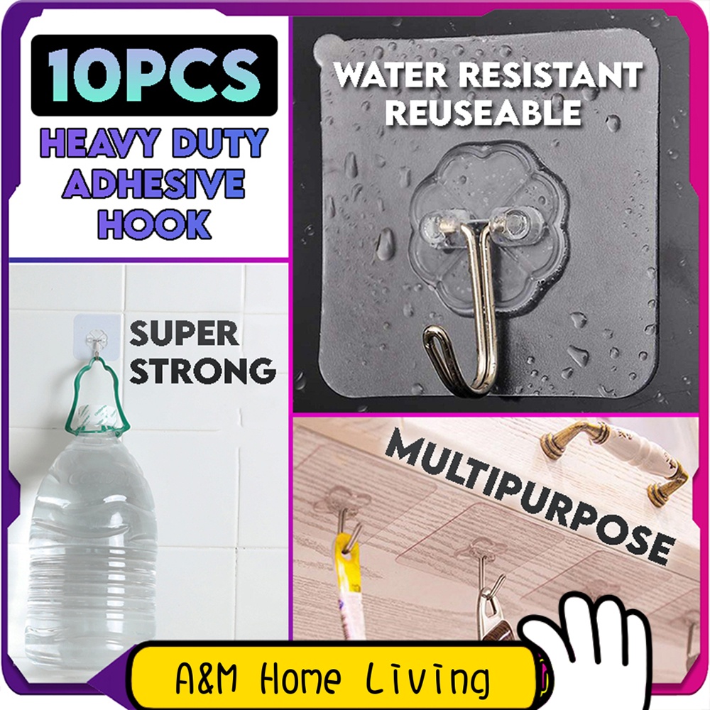 A&M 10PCS STRONG ADHESIVE HOOK WALL SEAMLESS HOOK HEAVY DUTY TRANSAPRENT HOOK NAIL FREE