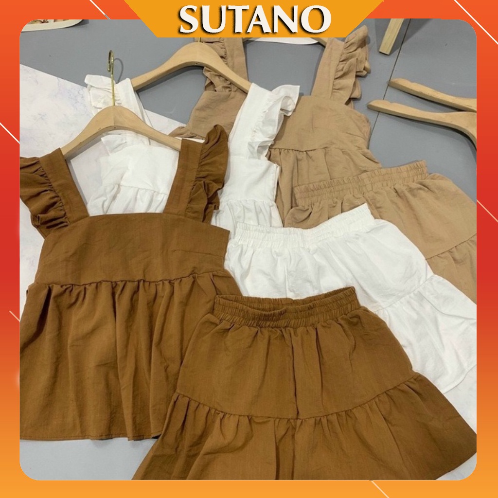 Summer home wear linen suit included short sleeve wings top and luxury beautiful fashion fake dress pants - B387 SUTANO