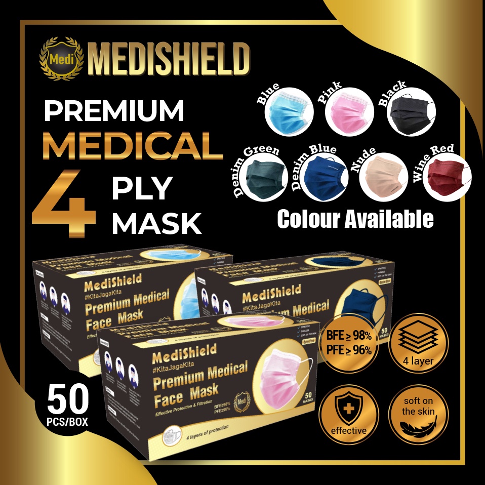 Medishield 50pcs Colour medical 4ply Face mask Disposable Face Mask