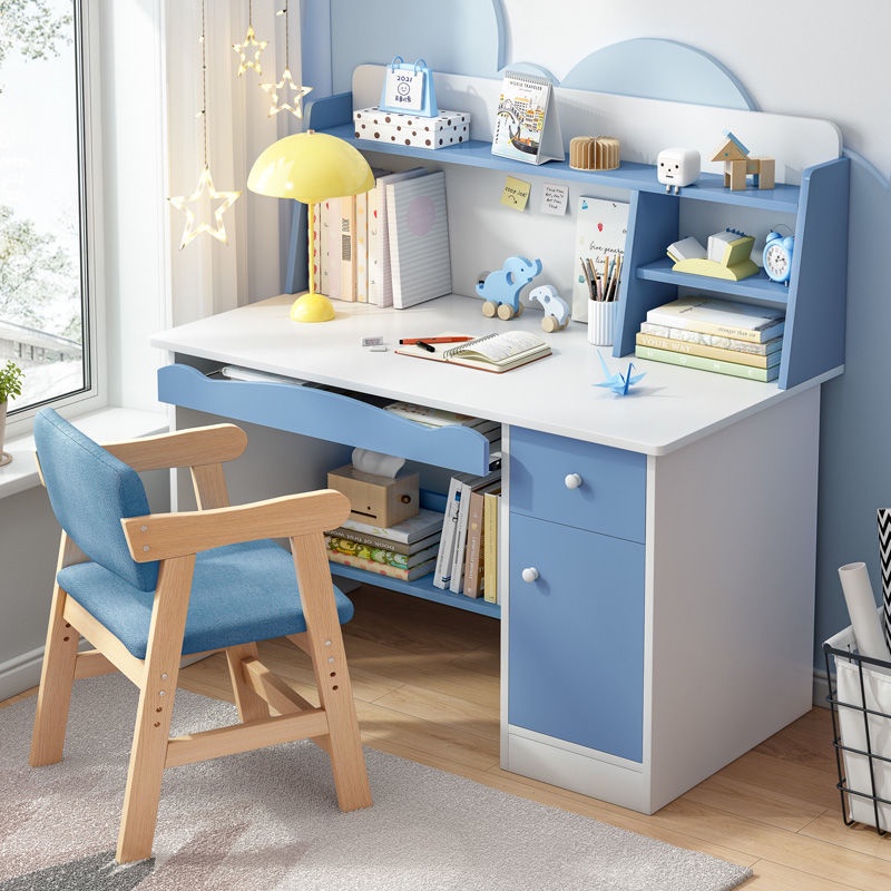 ☫Student Desk Bookshelf Integrated Study Table And Chair Set Home Student Writing Desk Bedroom Multi-Functional Computer