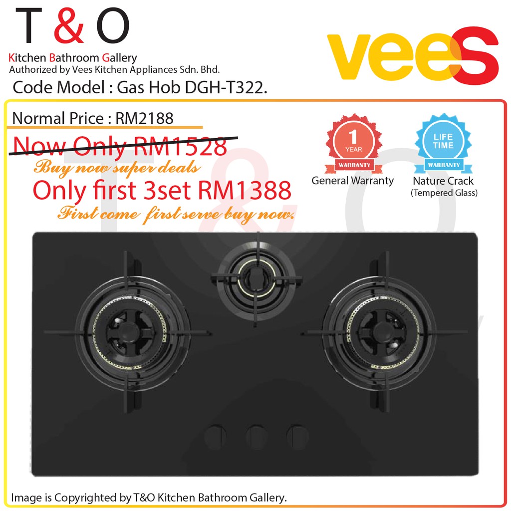 Vees Delicooker DGH-T322 4.6kW Firepower Triple Burner Gas Hob - Brand of Malaysia.