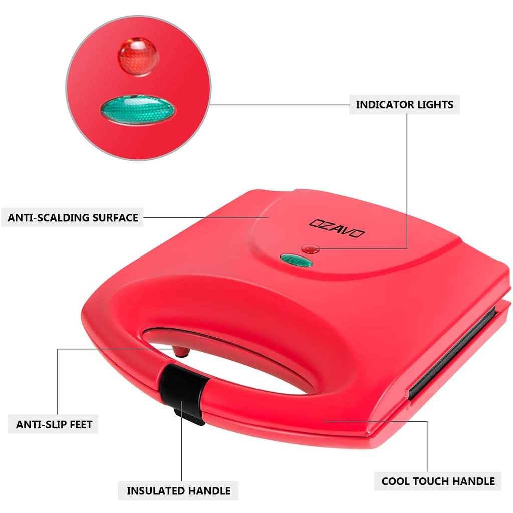 E33 OZAVO Sandwich Maker, Sandwich Toaster Maker Panini Grill 750W, Panini Machine with Non-Stick Coating,Red