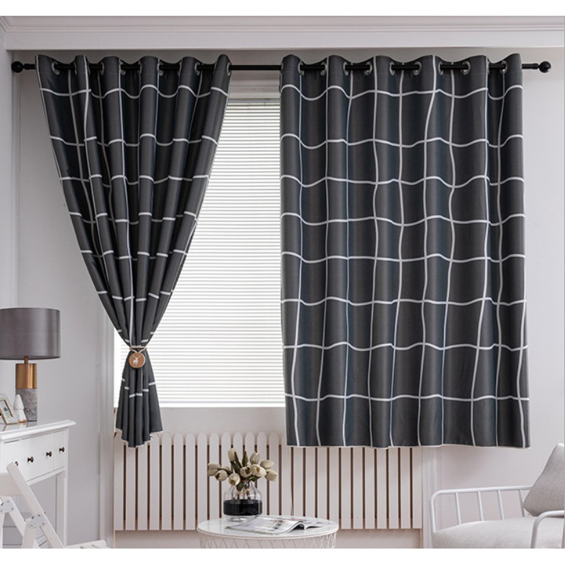 Grey Lattice Check Door Curtain Langsir Curtain Blackout Eyelet