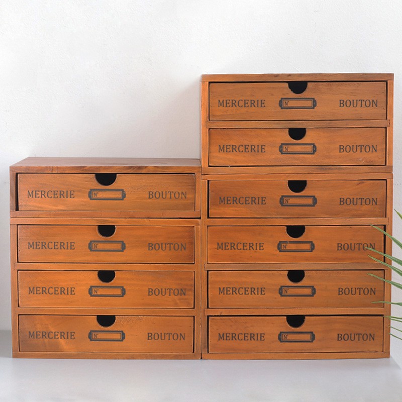 Zakka Retro Wooden Storage Box Office Desktop 4 Layer Drawer Type