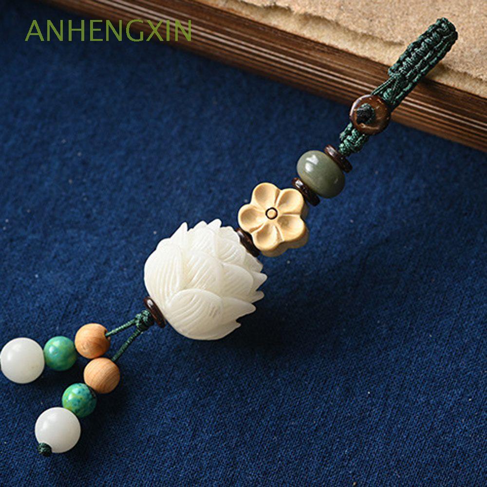 ANHENGXIN Traditional Chinese Style Car Pendant Handmade Phone Ornaments Key Ring Carved Flower Wood Creative Bodhi Lotus Retro Good Lucky/Multicolor