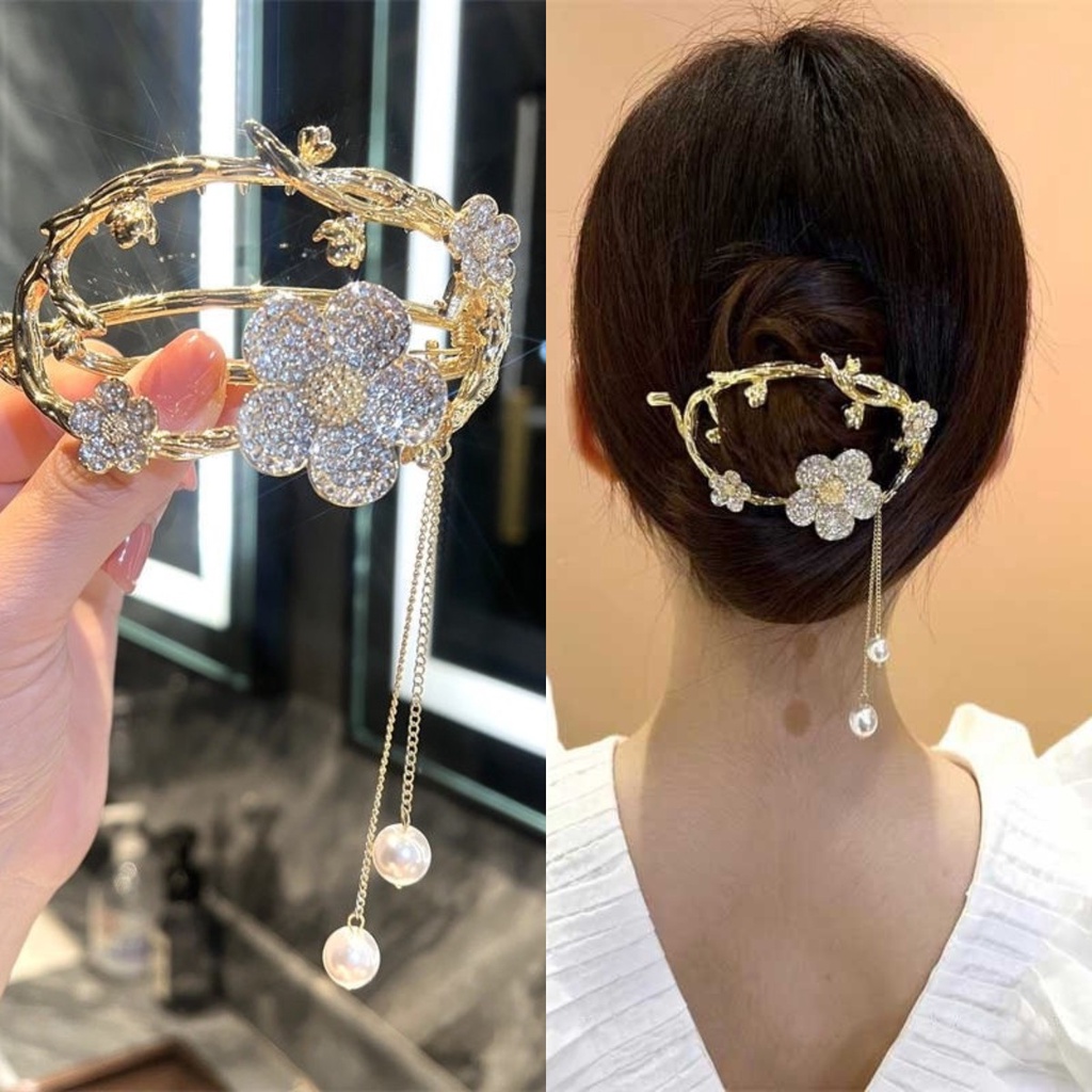 Korean style hairpin new round flower diamond tassel one word clip back head hair accessories female summer clip