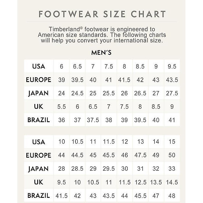 timberland size chart shoes