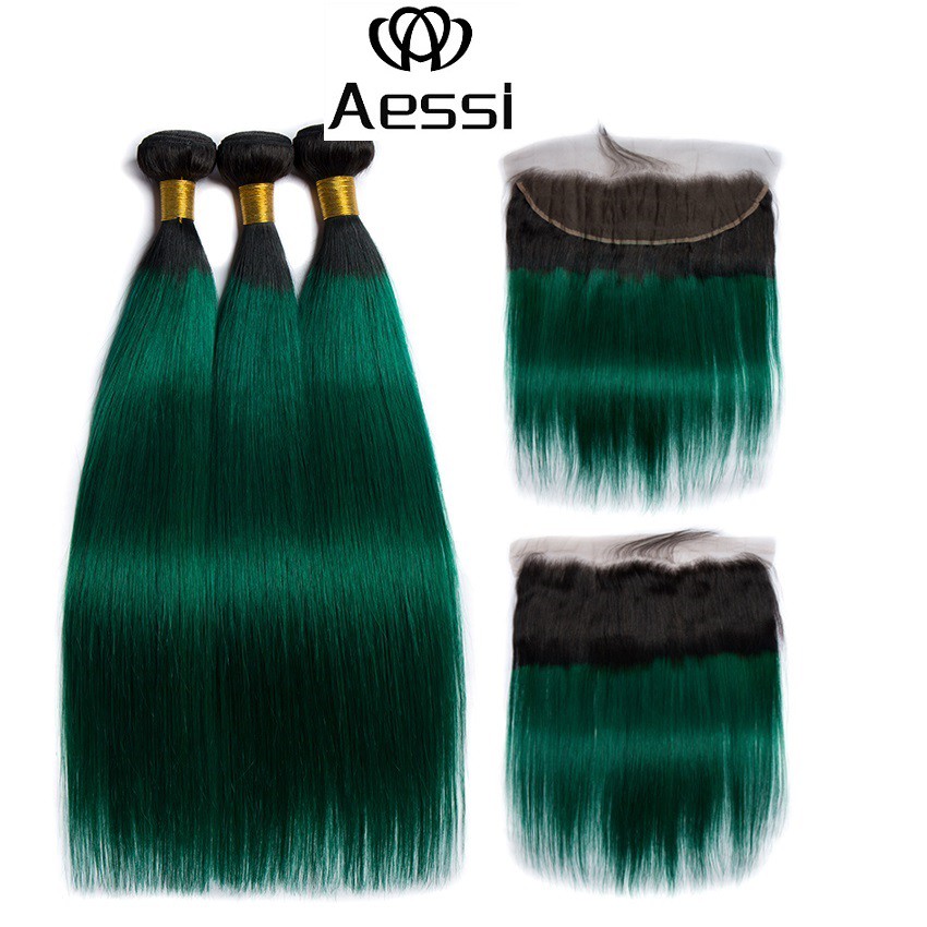 Aessi 1b Green 3 Hair Bundle With Lace Frontal Chinese Virgin