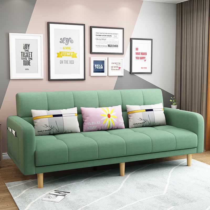 shopee: Nordic modern minimalist sofa bed folding multifunctional single dual purpose small apartment living room rental fabric sofa (0:0:Variation:Light green [cotton linen];1:7:Size:three persons + pedal + pillow)