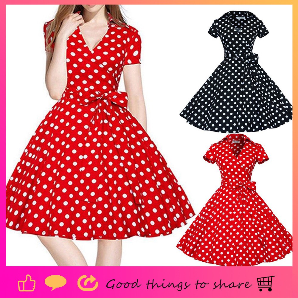 Ladies 1950's Vintage Style Red Polka Dot Button Detail Swing Dress New 8-18 