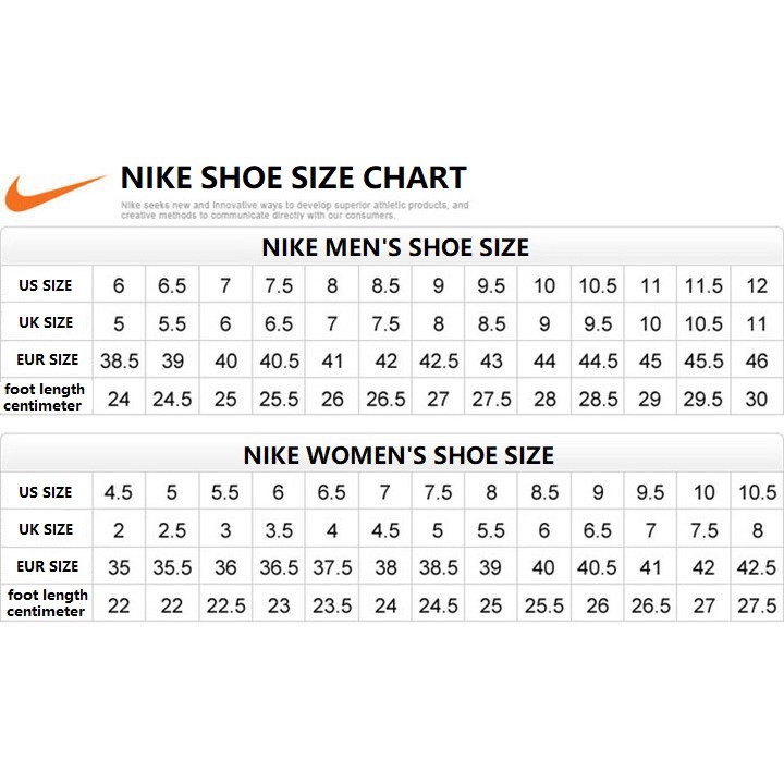 nike unisex shoe size chart