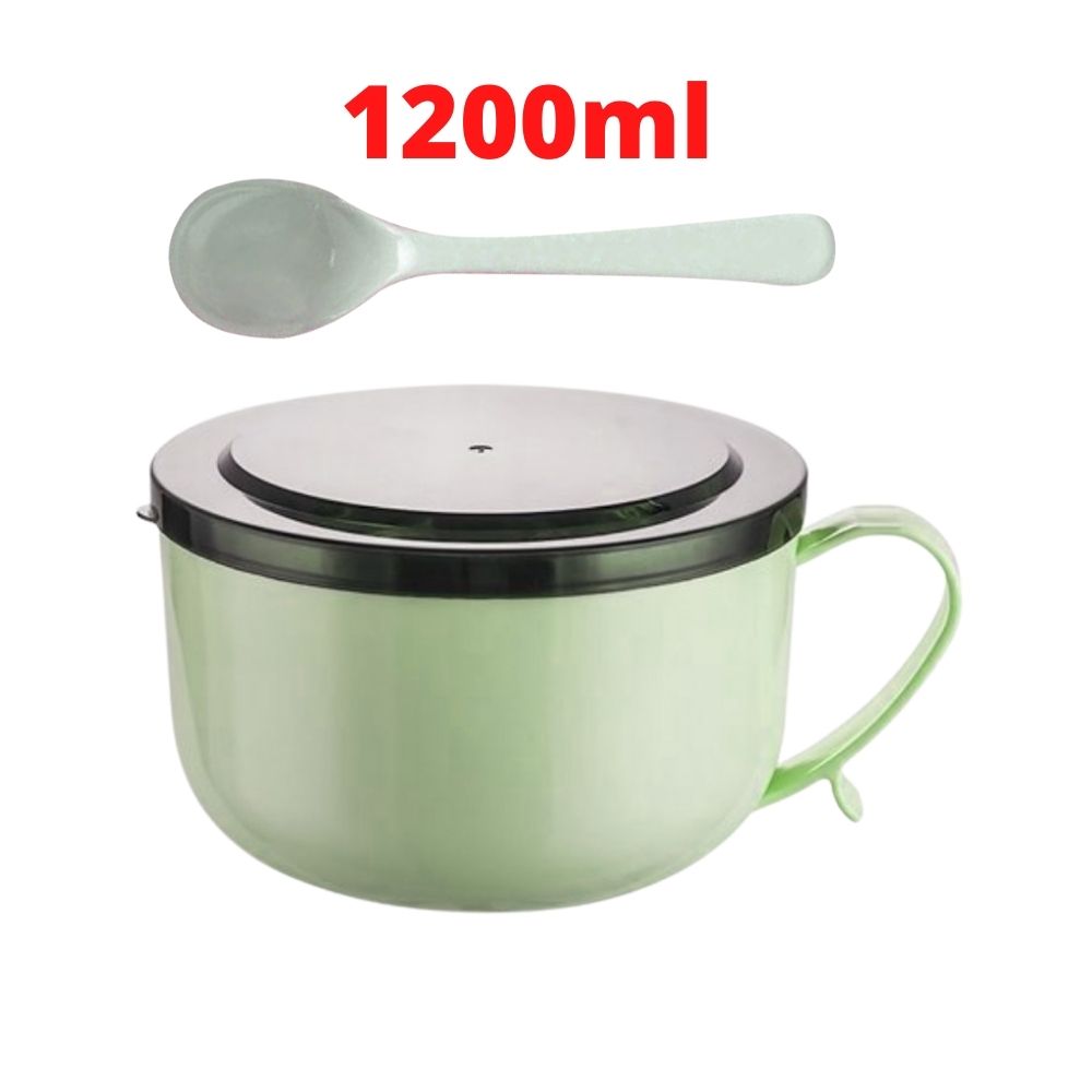 800ml / 1200ml PP Lid SUS304 Stainless Steel Liner Meal Noodle Bowl Cup Heat Resistant Food Single Handle with Spoon