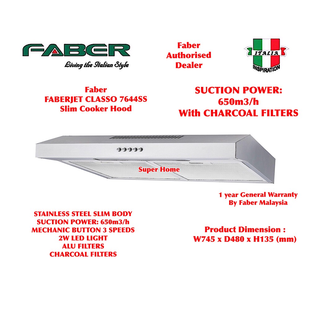 Faber Cooker Hood FABERJET CLASSO 7644SS Slim Cooker Hood recirculating