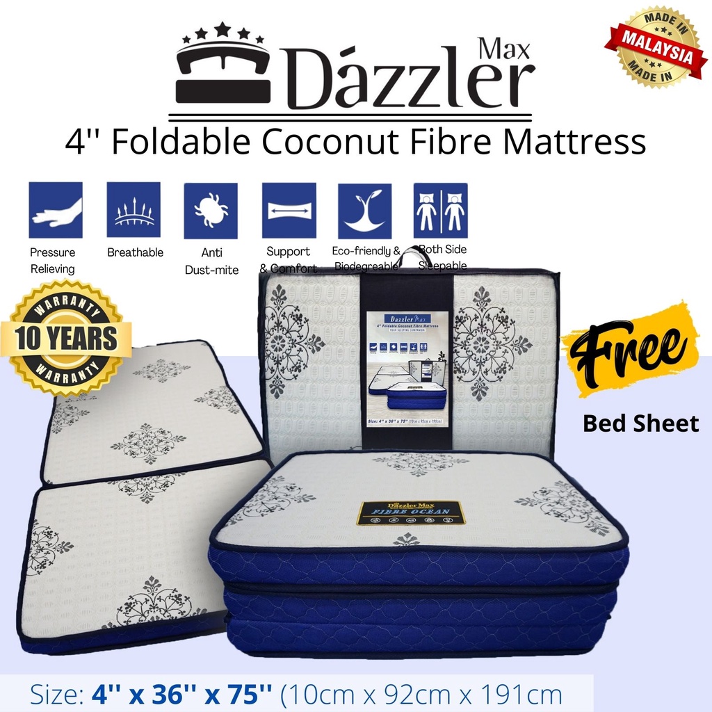 [FREE BED SHEET] Dazzler Max 4 inch Foldable Coconuts Fibre Mattress 10