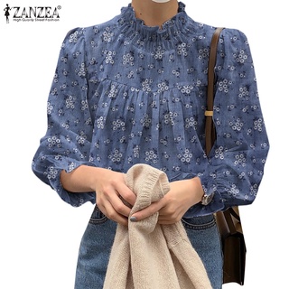 Image of ZANZEA Women Fashion Stand Collar Long Sleeve Floral Printed Casual Blouse