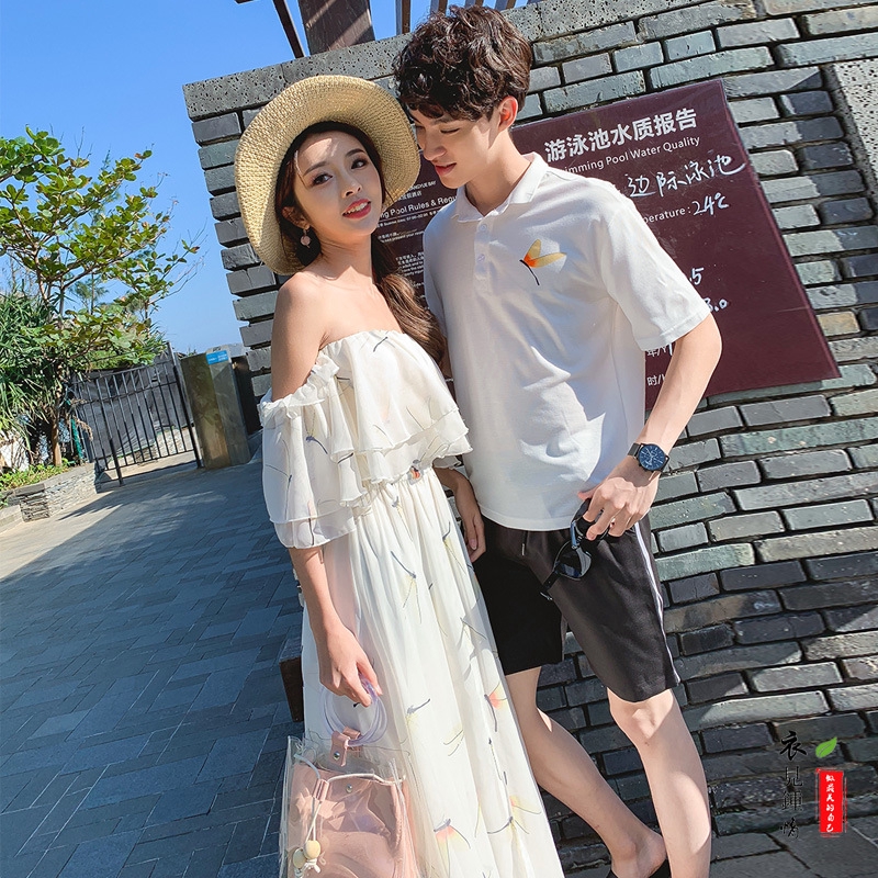 Yjzq (Love at First Sight) 2020 Bohemian Vacation Style Honeymoon Style Couple Wear Seaside One-Shoulder Leaky Shoulder Long Dress