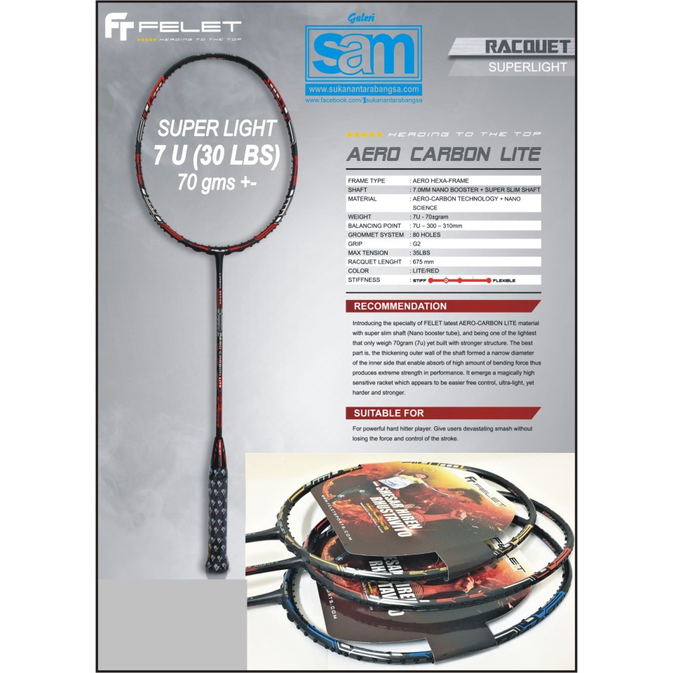Felet Badminton Racket Aero Carbon Lite 7U with FREE Grip. Free Shipping! | Shopee Malaysia