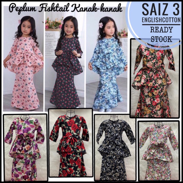 READY STOCK Saiz  3 Baju Kurung berfesyen Fishtail Kanak  