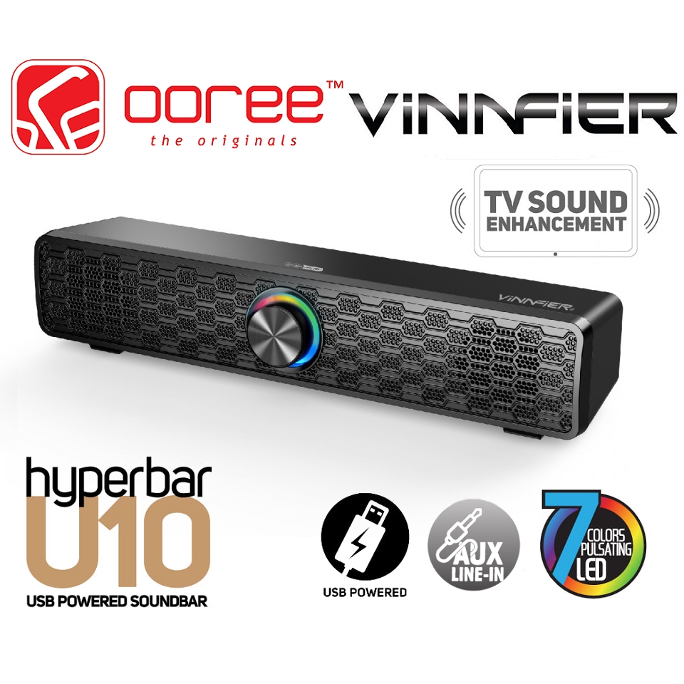 VINNFIER HYPERBAR U10 BTR USB POWERED SOUNDBAR WITH 7 COLORS PULSATING LED FOR TV OR COMPUTER MONITOR