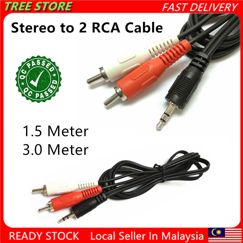 3.5mm Stereo Audio Aux to 2 RCA L/R Red White Cable 1.5M/3 Meter AV ...