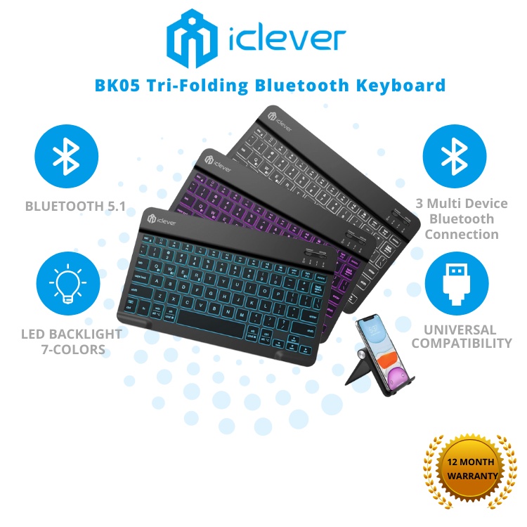 iClever BK04 Universal Slim Portable Wireless Bluetooth 5.1 7-Colors Backlit for iOS, Android, Mac OS and Windows