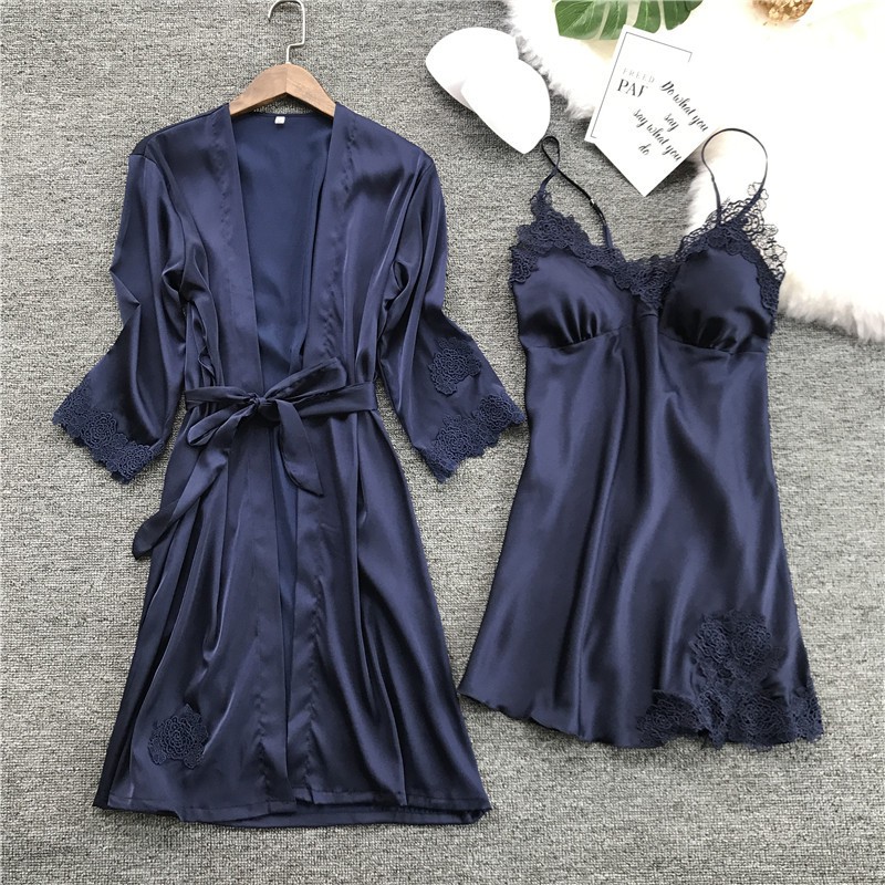 Silk Robe Women Nightwear Robe Set with Pad Sexy Lace Sleepwear Night ...