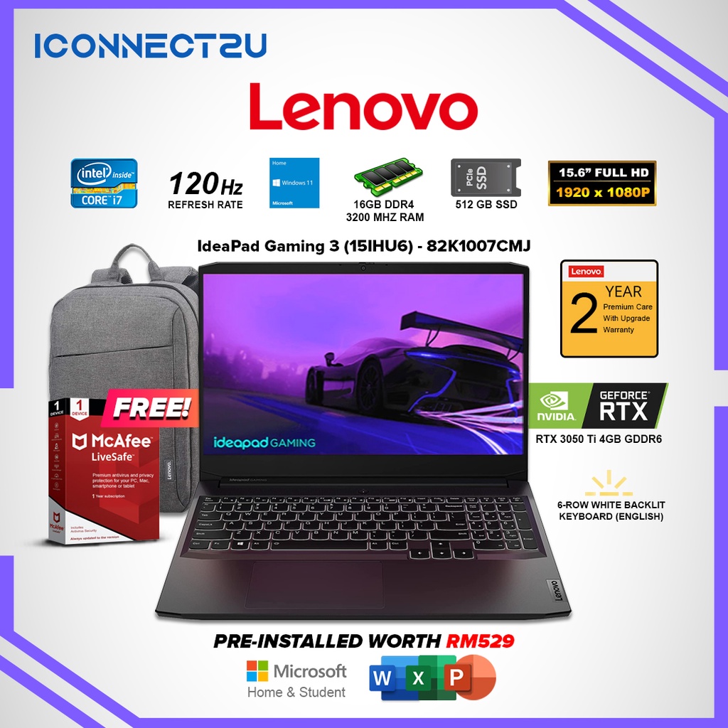 Lenovo Ideapad Gaming 3 15ihu6 82k1007cmj Intel I7 11370h Rtx3050ti 16gb 512gb 156 Fhd 