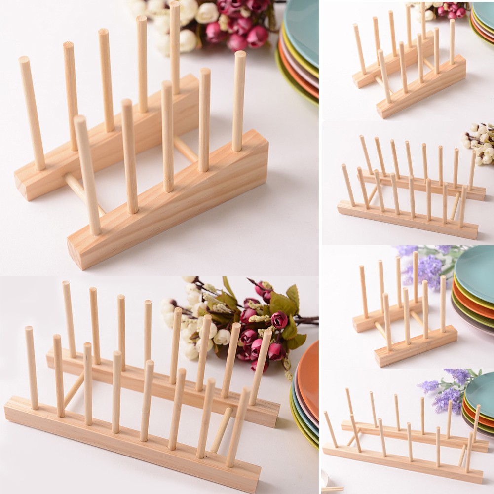 Bookshelf Dish Rack Pots Wooden Plate Stand Wood Cups Display